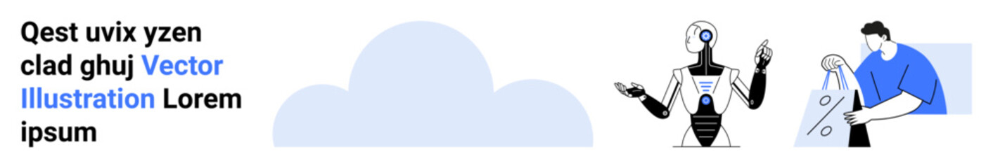 Human engineer collaborating with a robot under cloud-shaped background, surrounded by text. Ideal for technology, artificial intelligence, human-robot interaction, engineering, digital