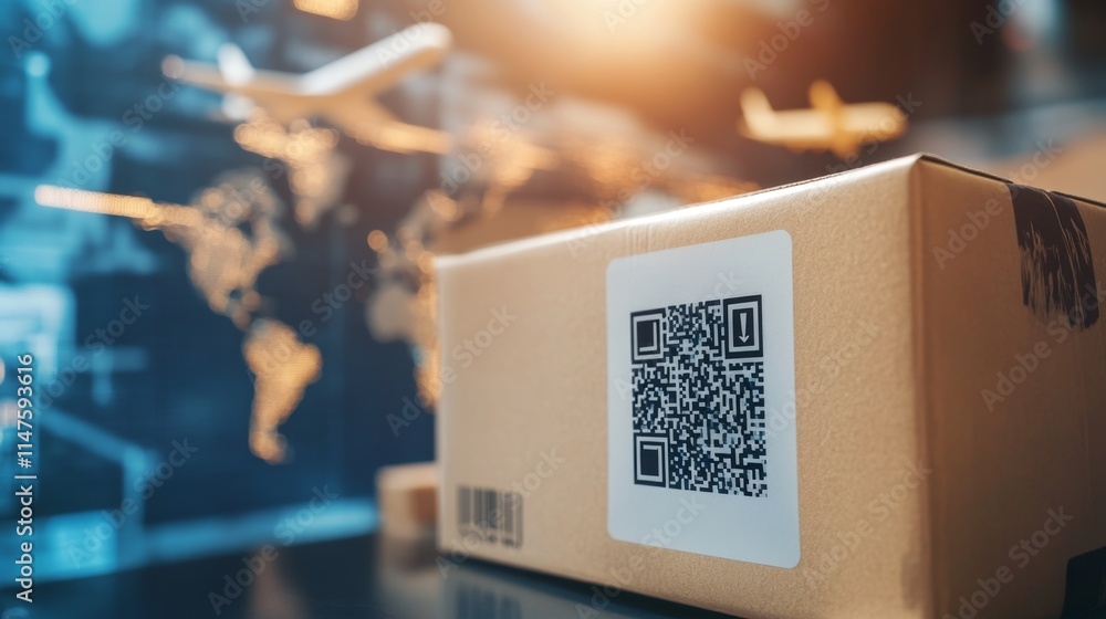 Poster global shipping logistics action package scanning technology digital environment close-up view moder