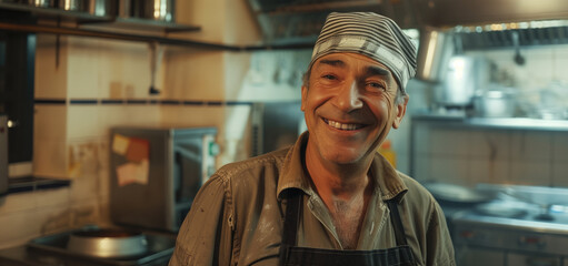 A smiling male cook chef in a commercial kitchen, wearing a white uniform and hat, preparing dishes with fresh ingredients in a lively environment.  
