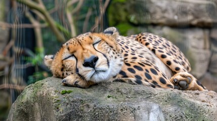 A cheetah sleeps peacefully curled up on a rock, eyes closed, in a zoo enclosure.