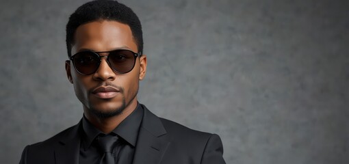 Obraz premium Confident young african american man in a black suit and sunglasses posing against a vibrant grey background