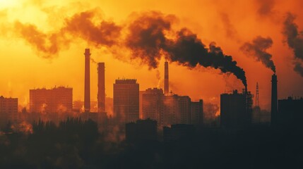 Fototapeta premium Industrial pollution crisis urban environment photography sunset dramatic view environmental awareness