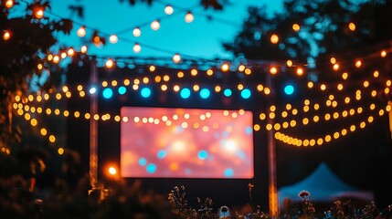 Outdoor event with glowing string lights.