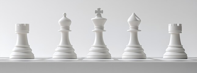 Set of white chess pieces on a minimalistic background.