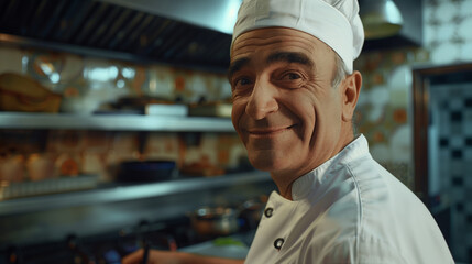 Fototapeta premium A smiling male cook chef in a commercial kitchen, wearing a white uniform and hat, preparing dishes with fresh ingredients in a lively environment. 