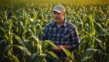 Farmer in corn plantation field. Man farmer in corn field examining crop.
