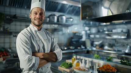 A smiling male cook chef in a commercial kitchen, wearing a white uniform and hat, preparing dishes with fresh ingredients in a lively environment.  
