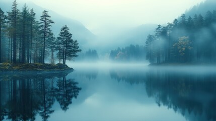Misty lake reflects foggy mountains, trees.