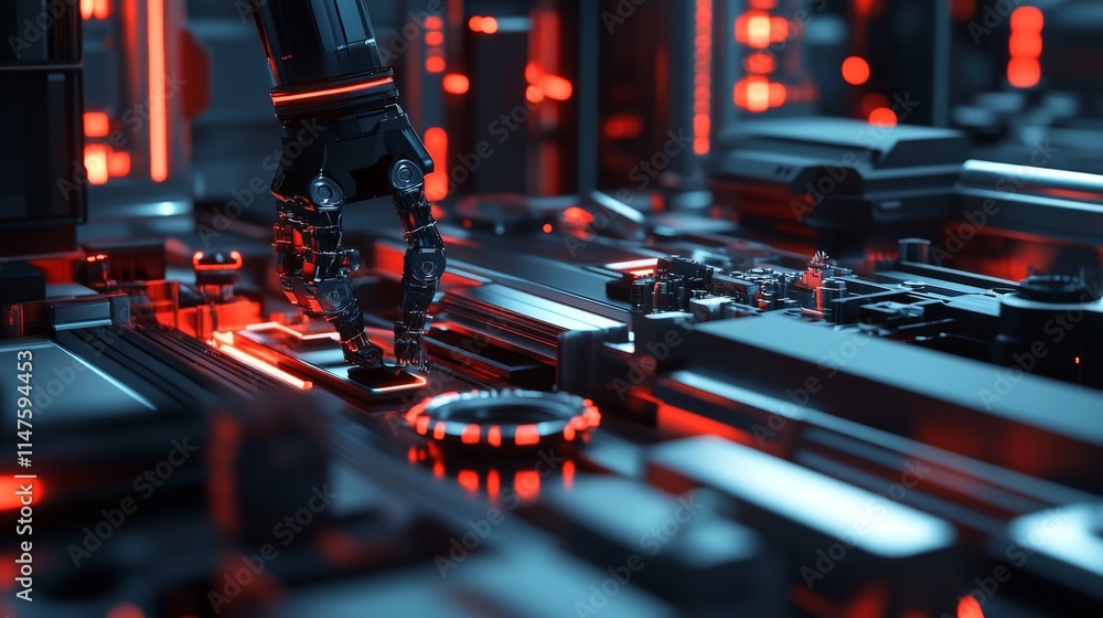 Poster robotic arm operates circuit board futuristic laboratory digital art high-tech environment close-up 