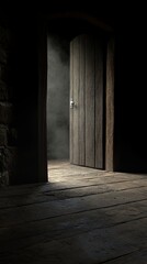 A mysterious wooden door slightly ajar reveals a soft glow and fog in a dark, atmospheric setting.