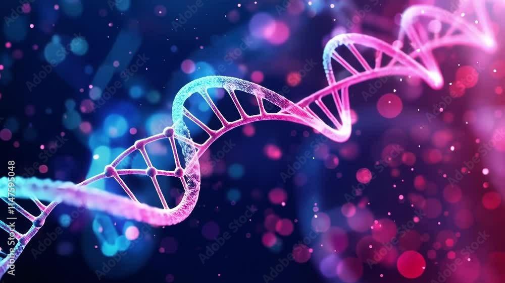 Poster two dna strands are rotating in a dark environment with blue and pink colors and a bokeh effect, rep