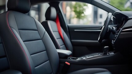 Obraz premium Luxurious interior view of modern car showcasing premium leather seats and sleek design elements