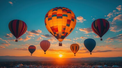 Obraz premium Sunrise hot air balloons festival crowd.