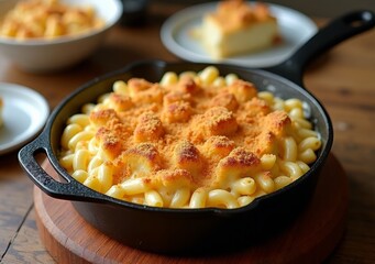 Creamy baked macaroni and cheese served in a cast iron skillet