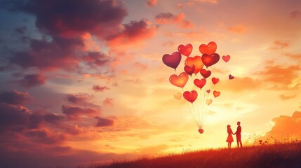 Fototapeta premium Romantic couple holding hands with heart balloons at sunset outdoor scene emotional concept dreamy atmosphere