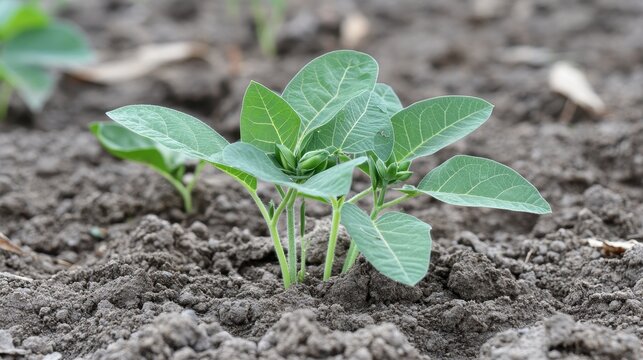 Young kenaf plants emerge from dark soil. Illustrates early growth stages of this sustainable crop.