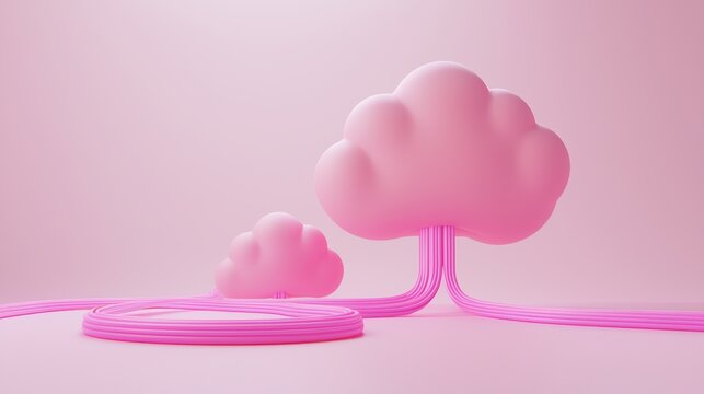 cloud computing network concept Pink clouds connected by flowing lines in a soft, minimalistic environment.