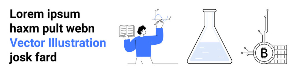 Scientist holds an open book with math symbols, a chemistry flask, and a Bitcoin element within a circuit board. Ideal for education, technology, finance, science, cryptocurrency, innovation