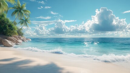 Tropical beach, turquoise ocean, palm trees.