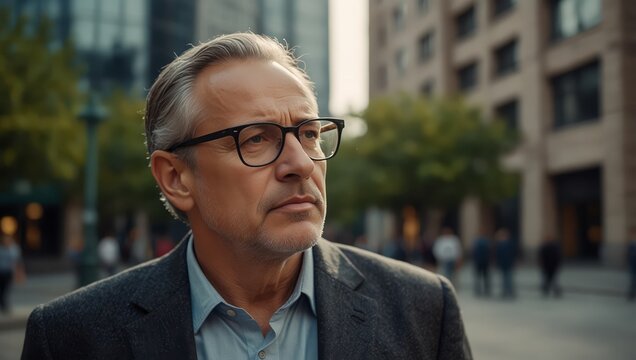 Pensive sad worried sorrowful thoughtful middle-aged man senior mature business employer businessman think ponder problem solution