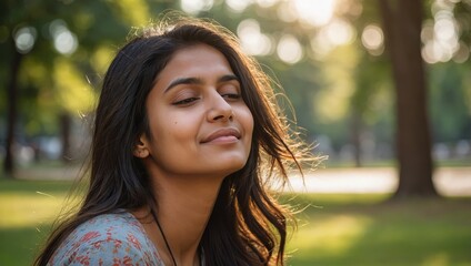 Relaxed happy refreshing young south asian woman taking a deep breath of clean unpolluted air in park
