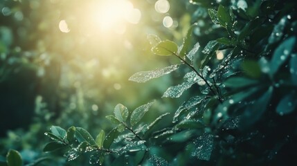 Dew Drops Adorn Lush Green Leaves In Sunlight