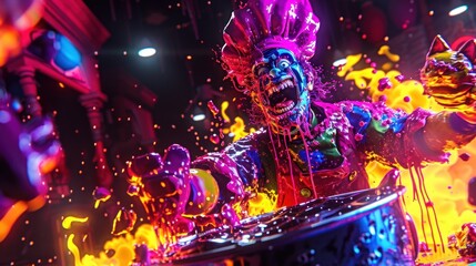 A terrifying chef figure, covered in vibrant paint, screams while stirring a fiery pot.  Surreal, chaotic scene with splashes of color and flames.