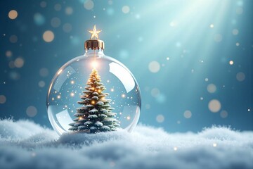 Elegant Snow Globe Showcasing a Festive Christmas Tree Amidst a Snowy Landscape