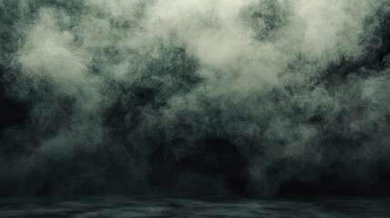 A dense fog envelops a dark landscape, creating a mysterious atmosphere.
