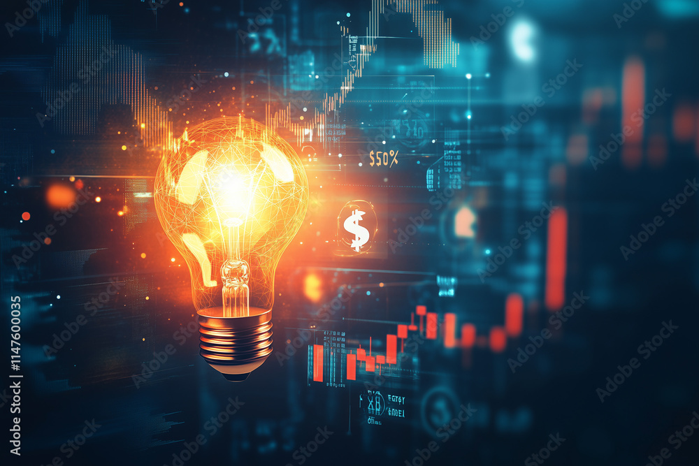 Aufkleber a hovering 3d lightbulb surrounded by floating financial charts and dollar symbols, symbolizing prof