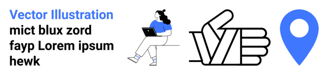 Woman with laptop, thumbs-up symbol, map pin. Ideal for remote work, digital tools, online collaboration, user feedback, navigation, technology, modern workspaces. Landing page