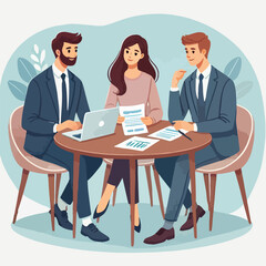 Partners meeting for business discussion with documents and laptop on desk. Couple at round table, speaking, discussing work, partnership. Flat vector illustration isolated on white background