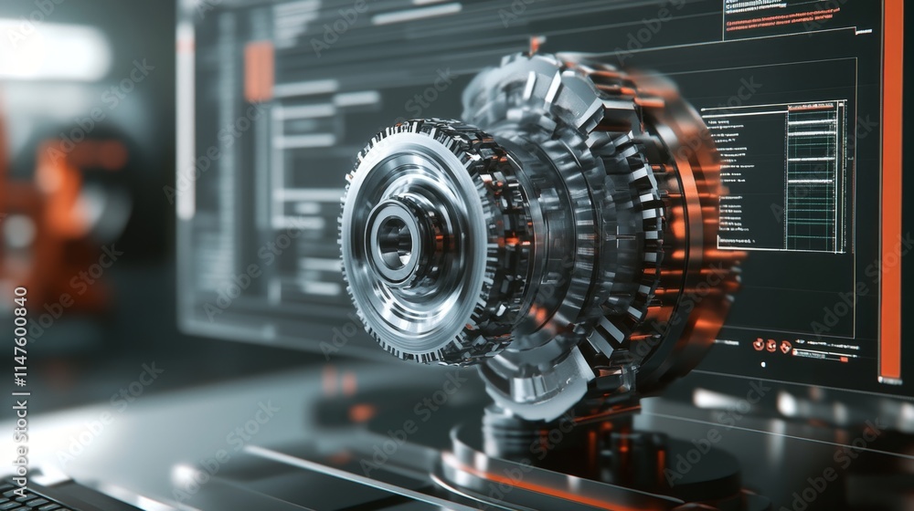 Poster industrial mechanical component analysis modern workshop 3d visualization high-tech environment clos