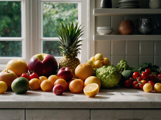 Fresh fruits and vegetables arranged beautifully on a clean kitchen counter