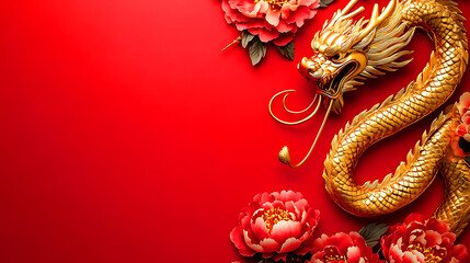 Obraz premium Golden Dragon and Blossoms on Red Background, Perfect for Lunar New Year, A stunning 3D rendering of a golden dragon intertwined with pink blossoms on a rich red background.