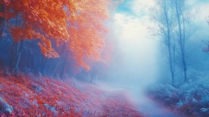 Fototapeta premium Autumnal Forest Path Enveloped In Misty Air