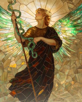 Divine archangel raphael with emerald wings holding staff stained glass art spiritual atmosphere serene viewpoint