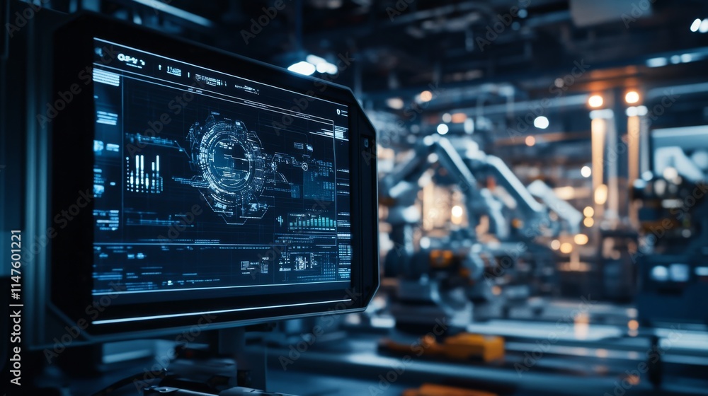 Poster advanced robotics in a modern factory setting high-tech manufacturing environment digital interface 