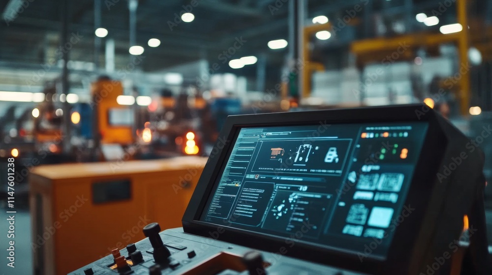 Poster industrial automation control panel factory floor equipment display high-tech environment close-up v