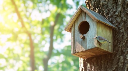 Birdhouse on tree with bird.