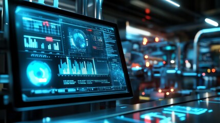 Obraz premium Data analysis process high-tech facility digital display modern environment close-up industry insights