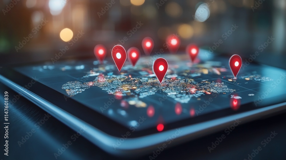 Poster mapping global locations interactive technology experience digital world modern environment close-up