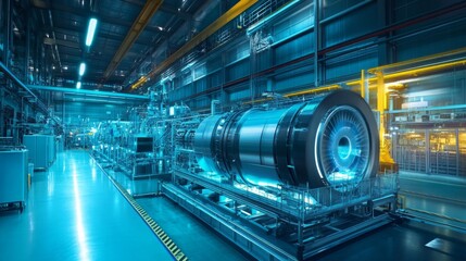 Obraz premium Industrial engine manufacturing process factory photograph high-tech environment wide-angle view innovation in engineering