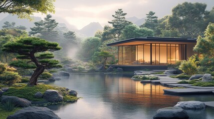 Fototapeta premium Modern glass house, serene pond, lush garden.