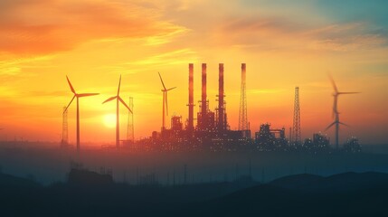 Fototapeta premium Industrial power generation wind and solar energy urban environment sunset view sustainable development