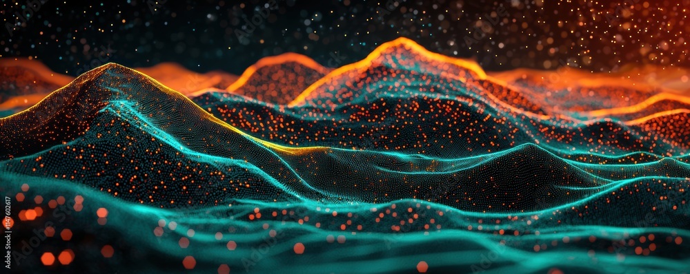 Poster abstract digital landscape with colorful wave patterns and particles