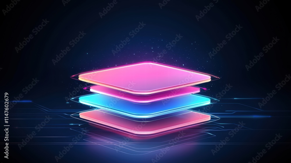 Poster futuristic layered background with neon lights and digital elements for design projects