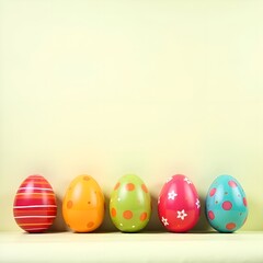 The banner features eggs of various colors neatly lined up in a row. Each egg has a unique shade: from bright red and sunny yellow to soft blue and green. The eggs are decorated with a variety