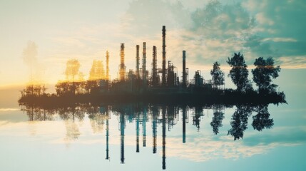 Naklejka premium Industrial dawn over water oil refinery silhouette urban landscape calm environment reflective viewpoint environmental concept
