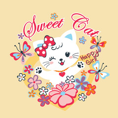 Adorable cat vector illustration decorated with vibrant flowers and surrounded by fluttering butterflies in a cheerful and whimsical nature scene  
